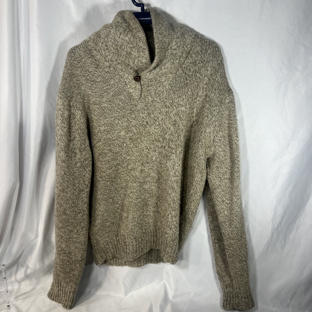 Rugged American Vintage Sweater Size Large Wool Nylon Tan Shawl Collar Taiwan